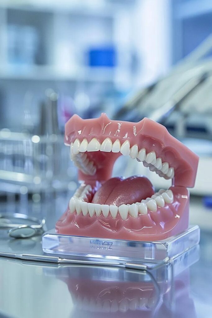 Dental model showcasing realistic teeth and tongue, set in a clinical environment, representing Alpha Dental's focus on comprehensive dental care services.