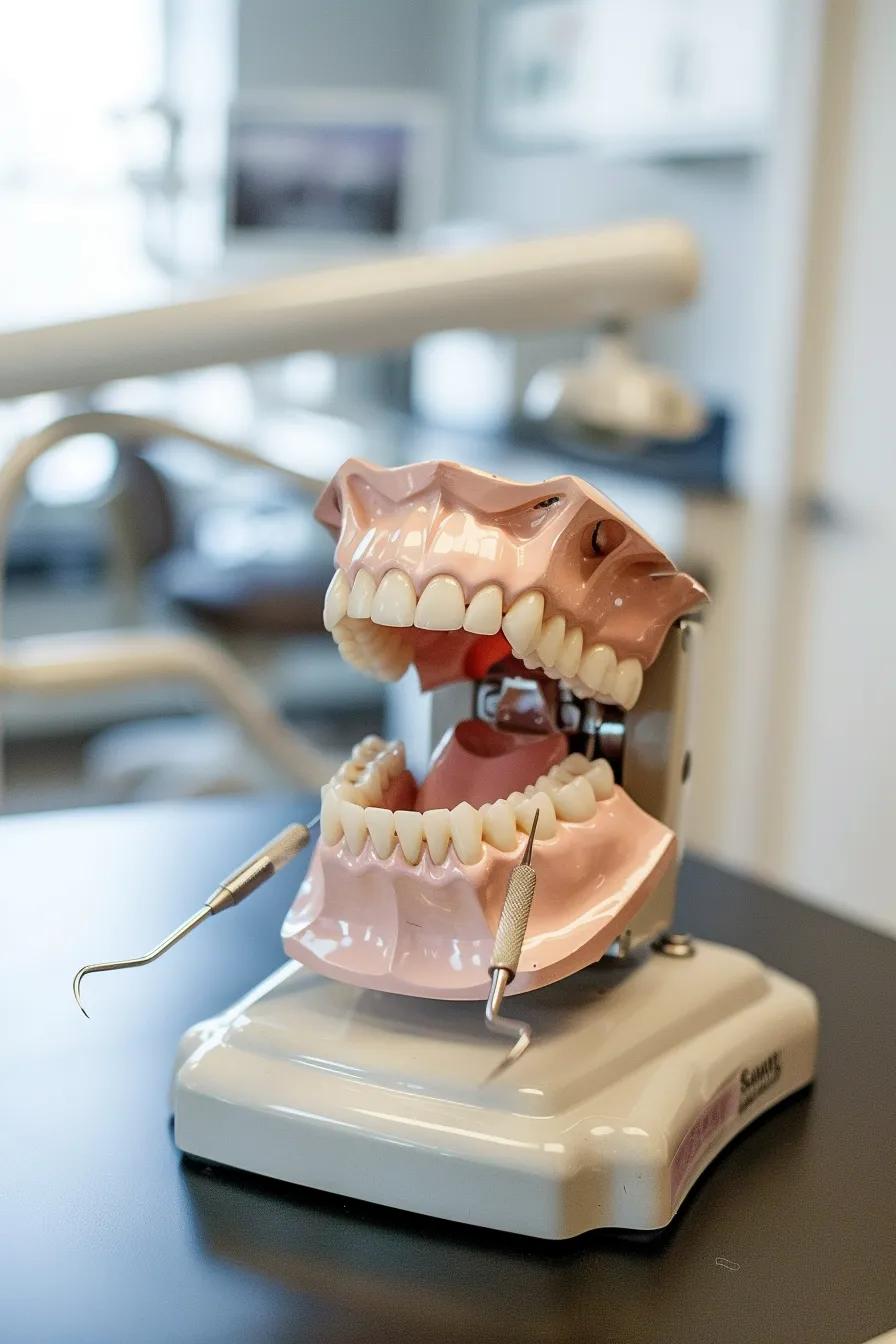 Dental model demonstrating teeth and dental tools, emphasizing precision fit and care in dental treatments at Alpha Dental.