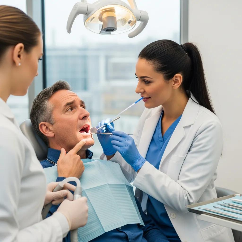 Dentist examining a patient who has a toothache