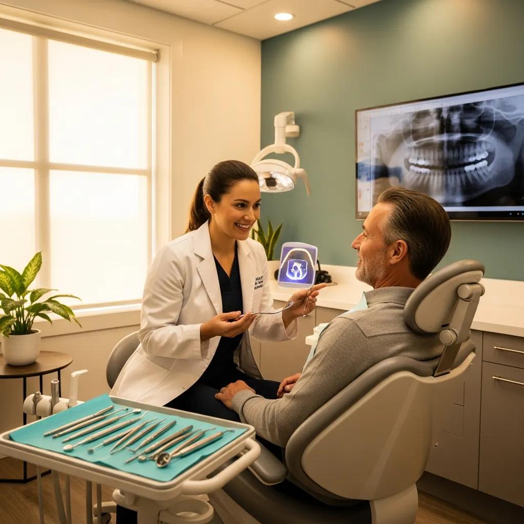 Friendly dentist consulting with a patient in a welcoming dental clinic