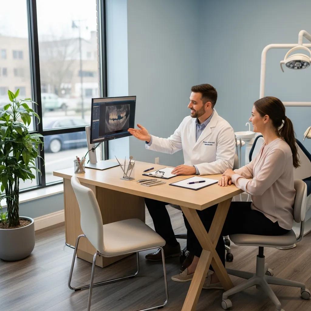 Welcoming dental office with a dentist and patient discussing treatment options
