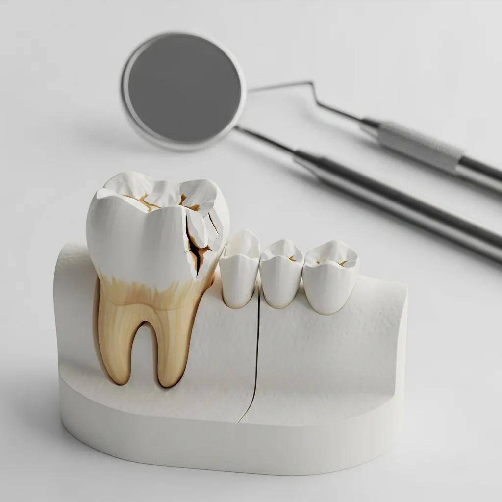 Close-up of a broken tooth on a dental model, illustrating common dental emergencies, with dental tools in the background, relevant to urgent dental care services in Converse, TX.