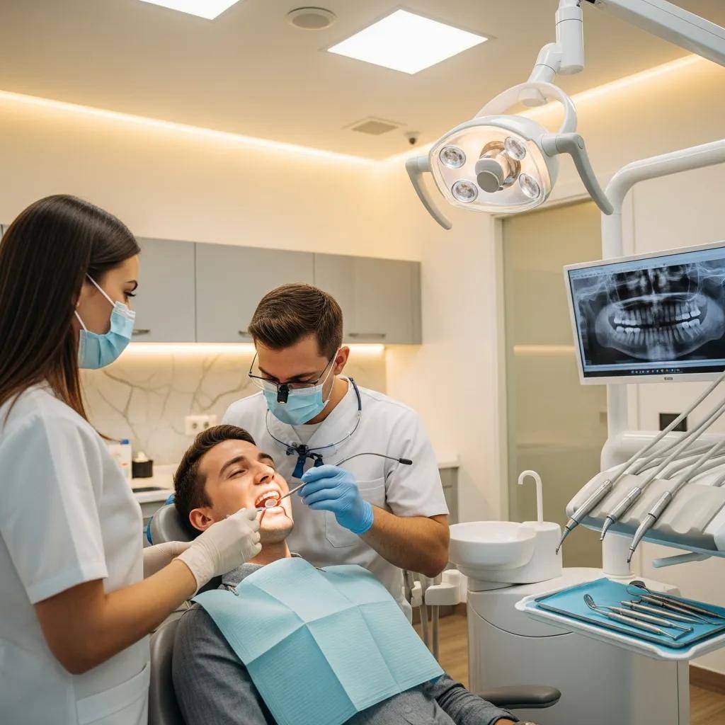 Patient receiving emergency dental examination in a modern clinic, with two dental professionals assessing oral health and using tools, X-ray display in background.