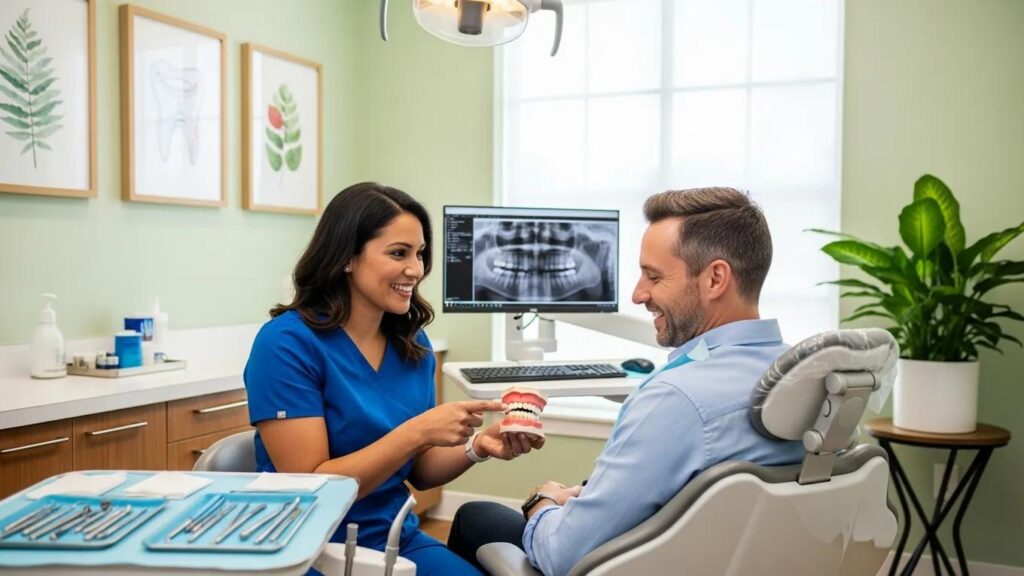 Dental consultation scene illustrating emergency dental procedures and costs