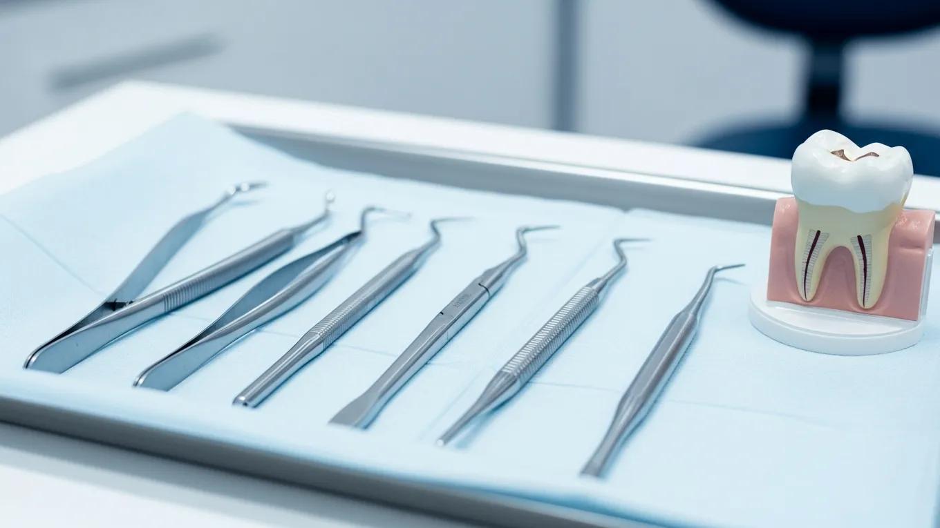 Dental extraction tools and tooth model representing emergency tooth extraction costs
