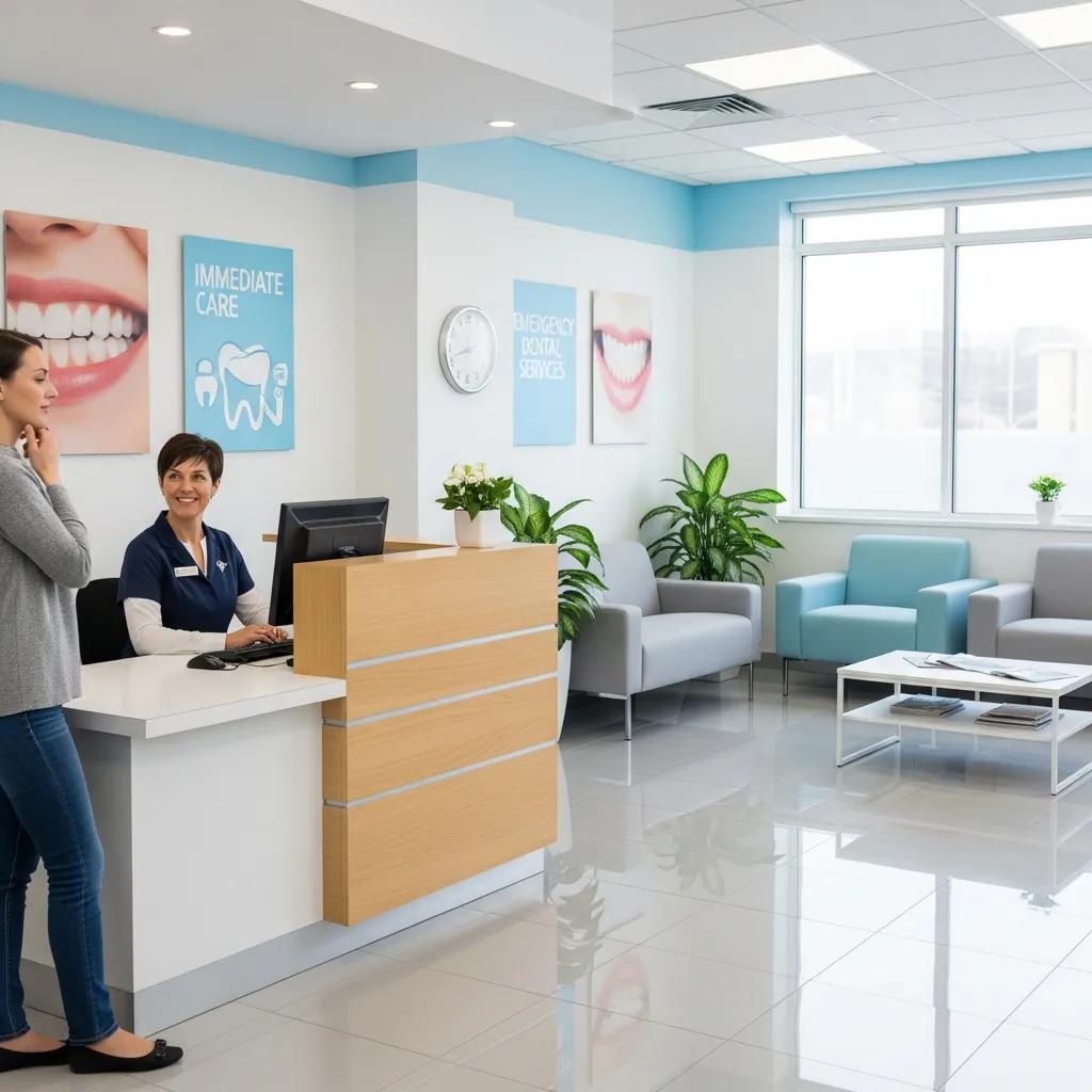Welcoming dental clinic reception area emphasizing immediate care and comfort